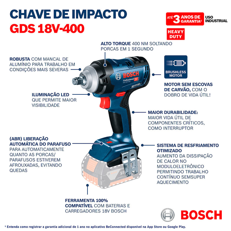 Chave de Impacto | GDS 18V-400 KIT - BOSCH 06019K00E1-000