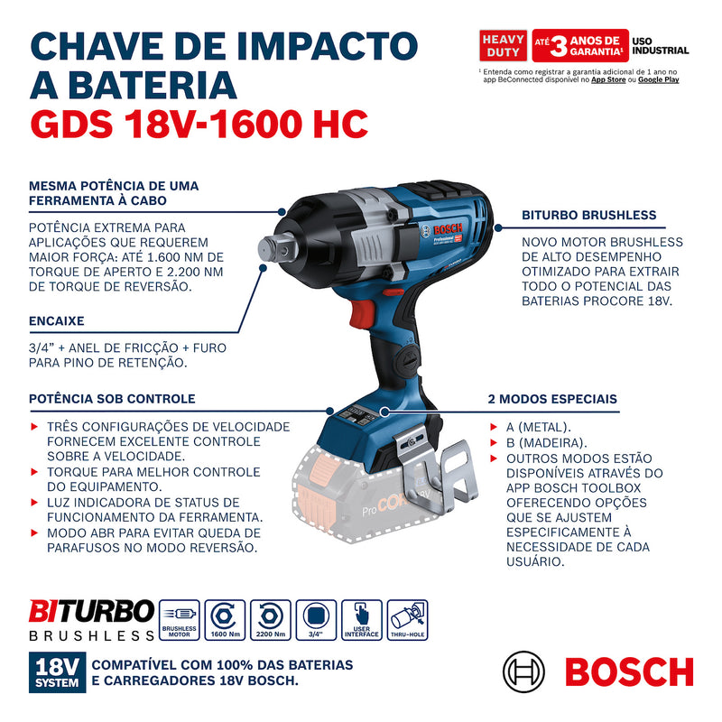 Chave de Impacto | GDS 18V-1600 HC - BOSCH 06019M10E0-000